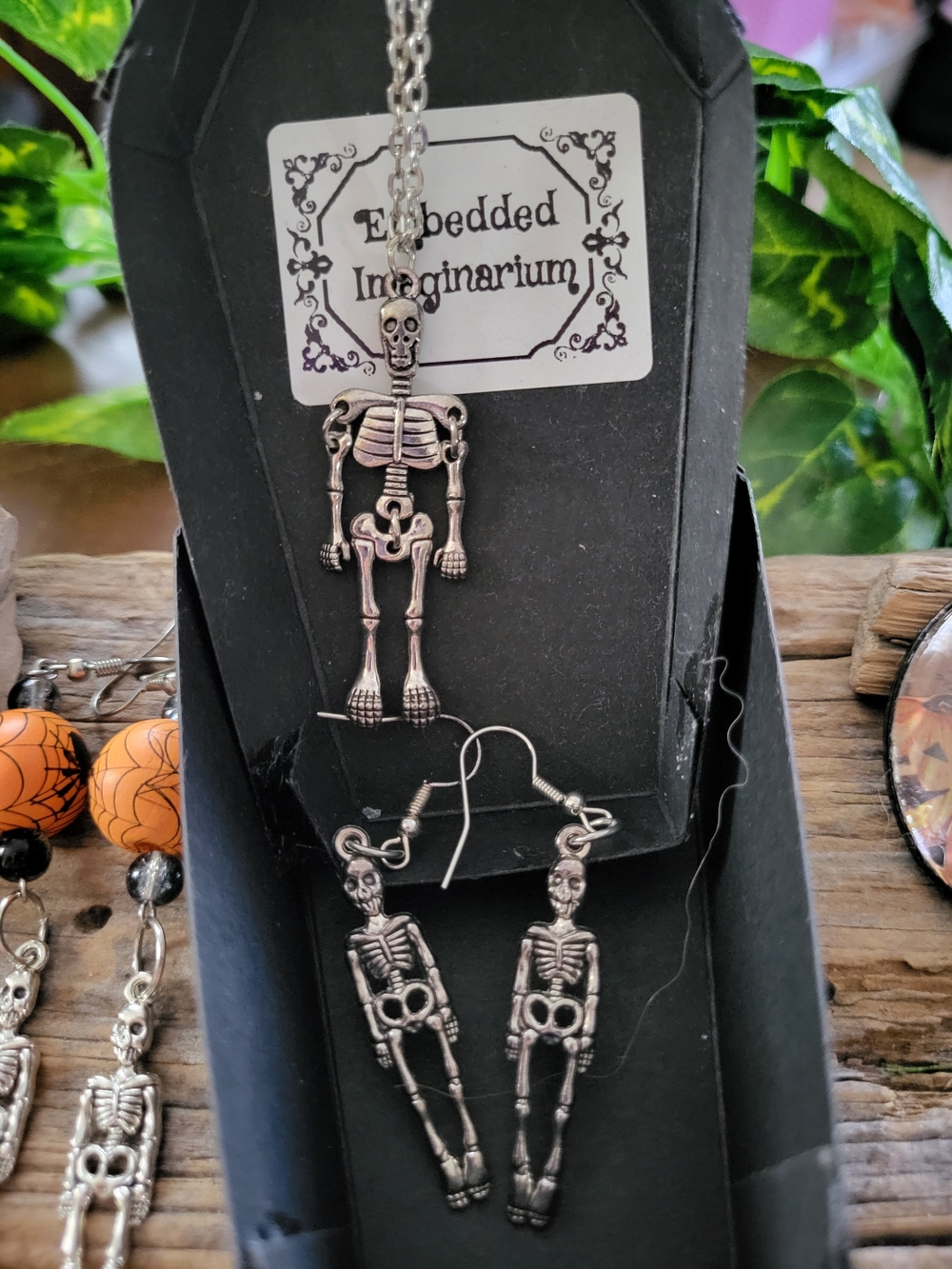 Silver Toned Articulated Skeleton Necklace & Earring Set